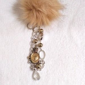 Antique Crystal Fancy Keychain Purse Charm Pom & Chains Mirror Dangle Boho Glam
